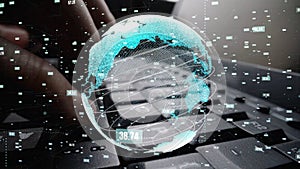 Digital Globe Overlay on Keyboard, Symbolizing Global Connectivity and Data Flow in Modern Technology and Communication