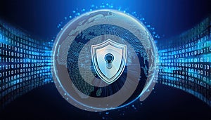 digital globe with a shield symbolizing cybersecurity, surrounded by binary code, representing data protection and internet