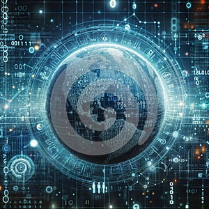 Digital globe surrounded by binary code, symbolizing interconnectedness and globalization.