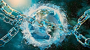 Digital globe surrounded by blockchain chains encryption representing cybersecurity data protection