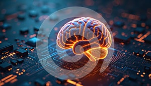 Digital glowing brain on technological background. Artificial intelligence, neural network and data processing concept with