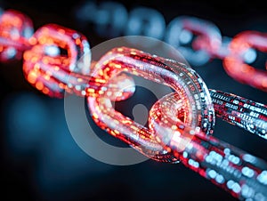 Digital glowing chain links with binary code representing blockchain technology and secure data connections in a futuristic cyber