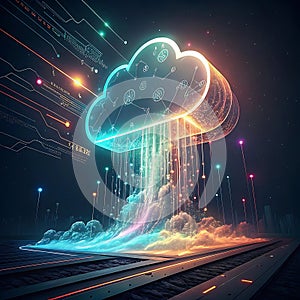 Digital Glowing Cloud Icon with Data Streams
