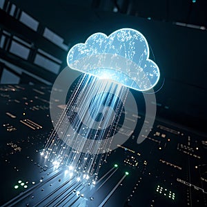 Digital Glowing Cloud Icon with Data Streams