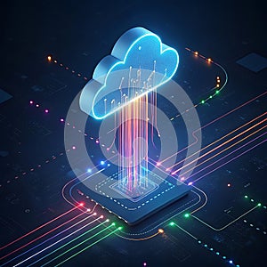 Digital Glowing Cloud Icon with Data Streams