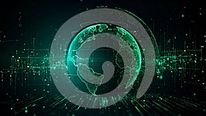 Digital glowing globe with data streams, representing global network and technology