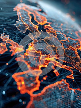 Digital glowing map of Europe with bright orange borders and interconnected data points representing technology and network