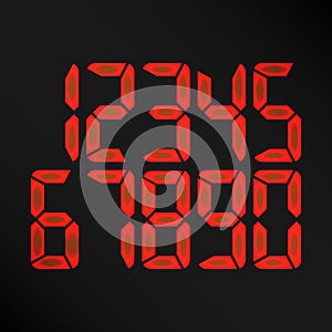 Digital Glowing Numbers Vector. Red Numbers On Black Background. etro Clock, Count, LCD Display And Electronics photo