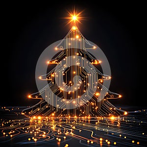 Digital Glowing Tech Christmas Tree on Black Background
