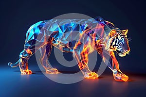 digital glowing tiger of 3d triangular polygons