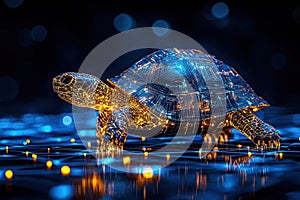 Digital glowing turtle with circuit patterns on shell in a futuristic technology style