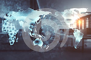 Digital glowing world map on blurry office interior background