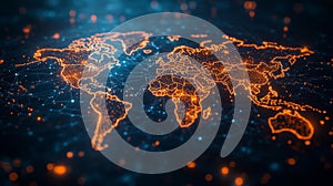 Digital Glowing World Map with Connection Lines Generative AI