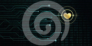 Digital golden heart on binary code background online dating concept