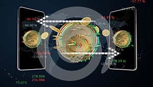 Digital golden money coin technology worldwide transfer in the future world business with Stock market or forex trading graph 3d