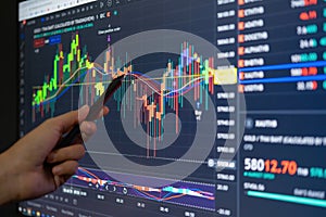 Digital graph chart diagrams data of cryptocurrency, stock market or forex exchange price on computer display screen. Global