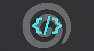 A digital graphic featuring a cyan-colored symbol resembling code brackets with a