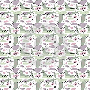 digital graphics abstract seamless pattern in memphis style. spots, lines, crosses. green, lilac color