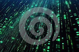 Digital green data flows through a futuristic network in a dark setting