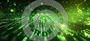 Digital green data stream with glowing binary code and particles in motion