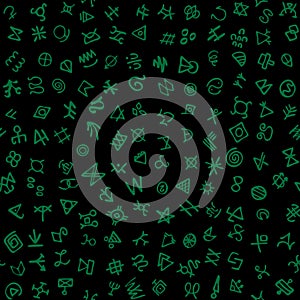 Digital green glyphs and mystic ancient symbols vector seamless background.