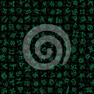 Digital green glyphs and mystic ancient symbols vector seamless background.