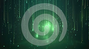 Digital green light particles streaming down creating an abstract technology background