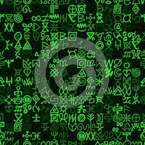 Digital green matrix and computer code symbols vector seamless background.