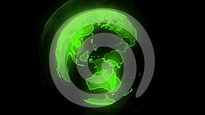 Digital green planet of Earth. Rotating globe with shining continents. 3D animation with digital Earth and particles.