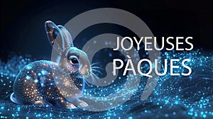 Digital greetings. Futuristic Easter card concept with french text Happy Easter. Cute cyber Easter bunny