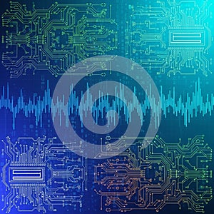 A digital grid background displaying a complex network of electronic