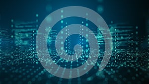 Digital grid with data nodes, lines, and binary code, Technology blockchain network connection, Artificial intelligence, and big