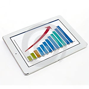 Digital growth graph sales on a tablet screen isolated on white background photo