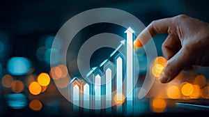Digital growth visualization with rising bar chart and hand interaction