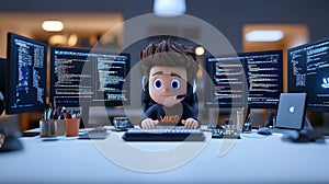 Digital Hacker Character in a Dark Room with Coding Screens