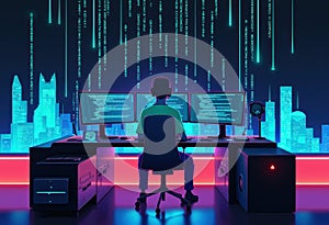 Digital hacker working on multiple screens with a futuristic city backdrop
