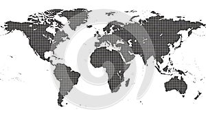 Digital halftone world map silhouette for technology, data, and global communication.
