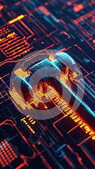 Digital Hammer Binary Code Justice on Tech Background