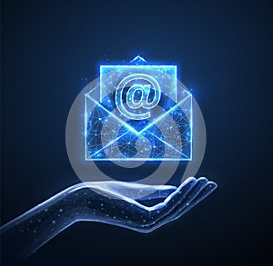 Digital hand and email sign. AI mailing, email icon, inbox logo, envelope symbol