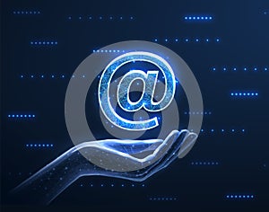Digital hand and email sign. AI mailing, email icon, inbox logo, envelope symbol