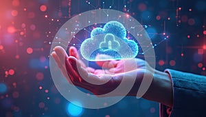 Digital hand holds glowing cloud computing network. Futuristic technology concept with interconnected particles, lines. Data,