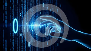 Digital hand interacting with binary code stream