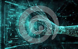 Digital hand interacting futuristic interface technology