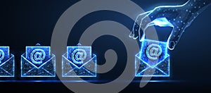 Digital hand put letters in to the envelops. AI mailing, email icon, inbox logo, envelope symbol