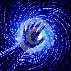 Digital Hand Reaching into Binary Vortex