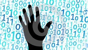 Digital hand reaching out to binary code stream technology concept connection communication