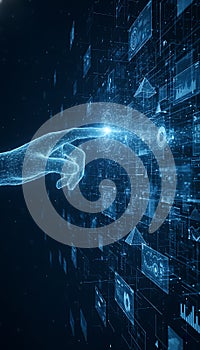 Digital hand touching futuristic data interface screen.Generated by AI