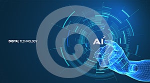 Digital hand touching glowing AI button. Futuristic tech interface. Abstract 3D vector concept of artificial intelligence, data