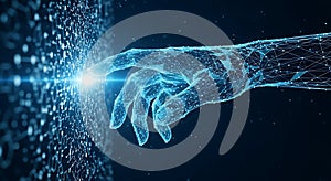 Digital hand touching a glowing data stream, representing artificial intelligence and future technology
