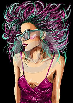 Digital handdraw fashion illustration with a beautiful girl photo